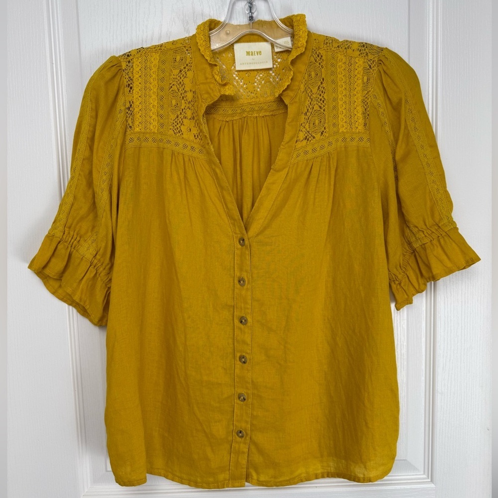 Anthropologie Maeve Magritte Linen Puff Sleeve Blouse Size 2 Small Yellow - Picture 4 of 12